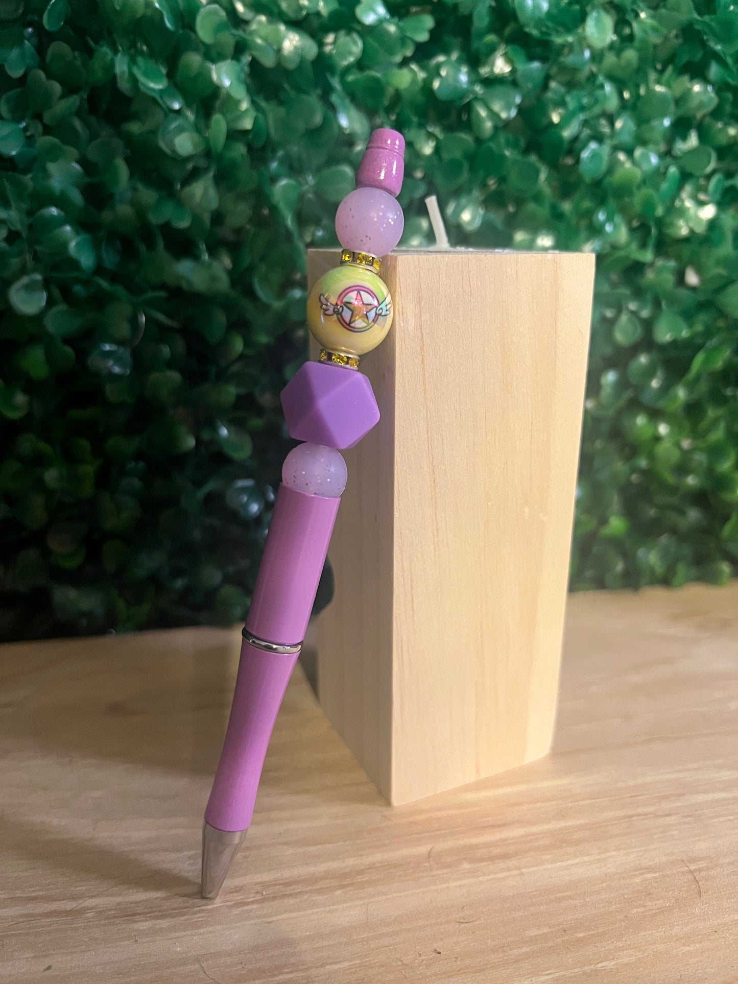 Refillable Sailor Moon Purple Beaded Pen with Yellow Star Broach