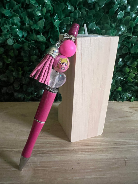 Refillable Sailor Moon Pink Beaded Pen with Usagi Focal Bead and Pink Tassel