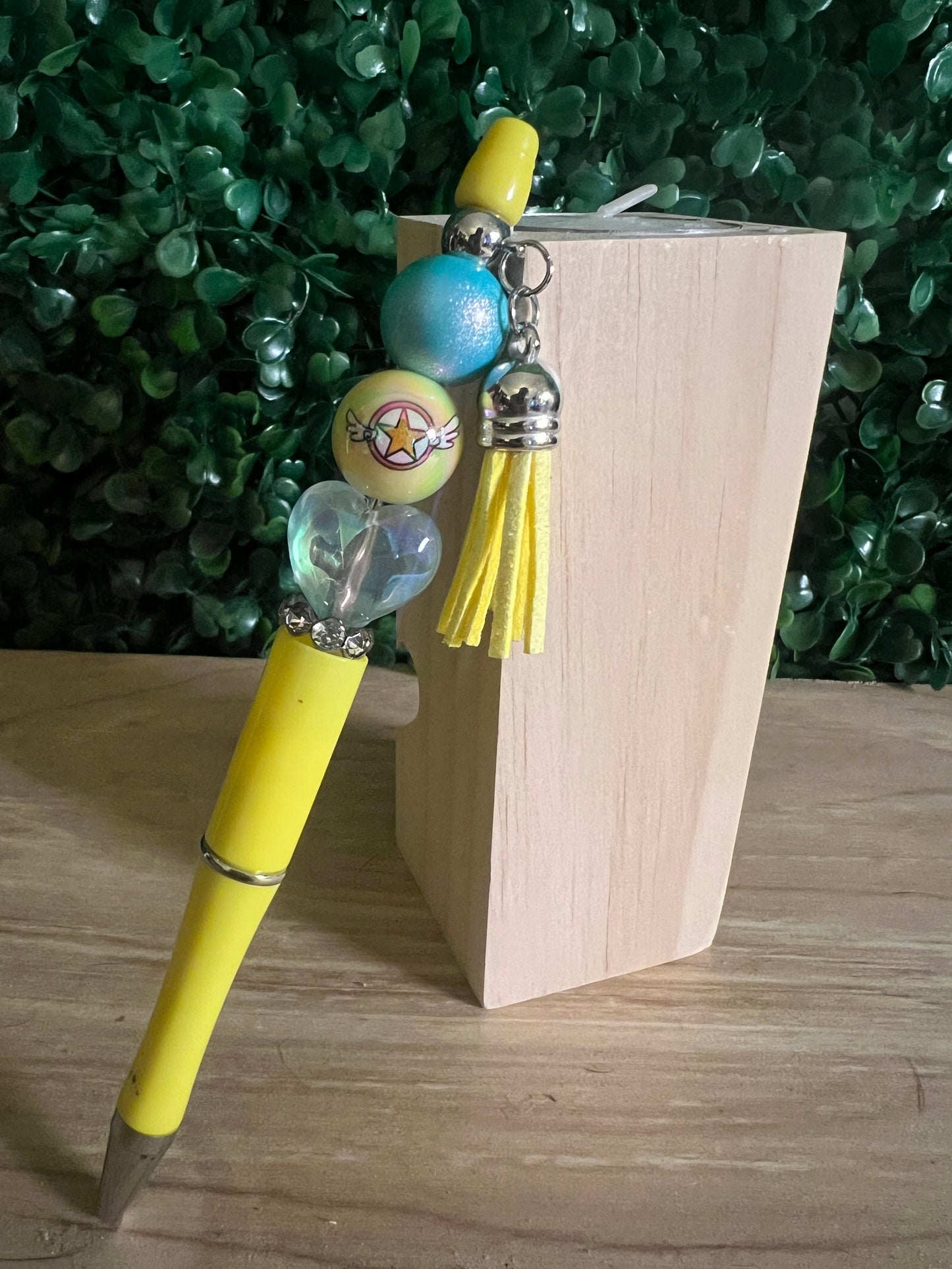 Refillable Sailor Moon Yellow Beaded Pen with Yellow Star Focal Bead and Green Tassel