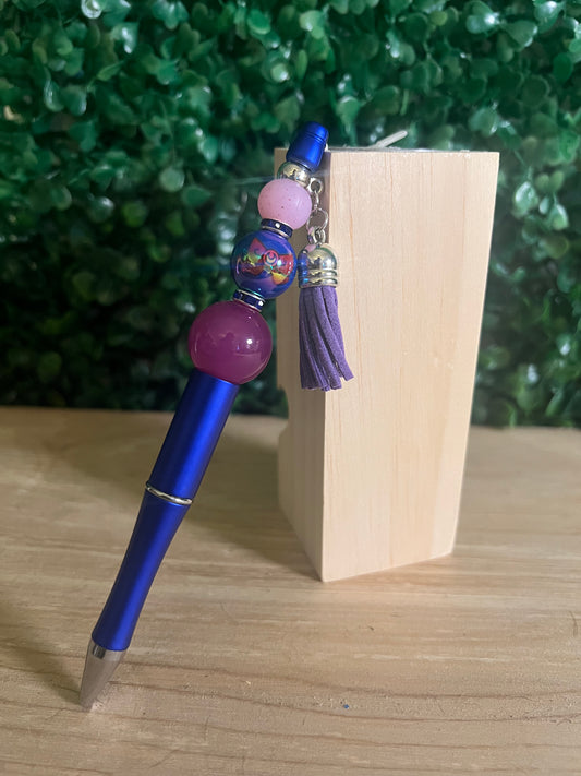 Refillable Sailor Moon Royal Blue Beaded Pen with Bow Focal Bead and Purple Tassel (GITD)