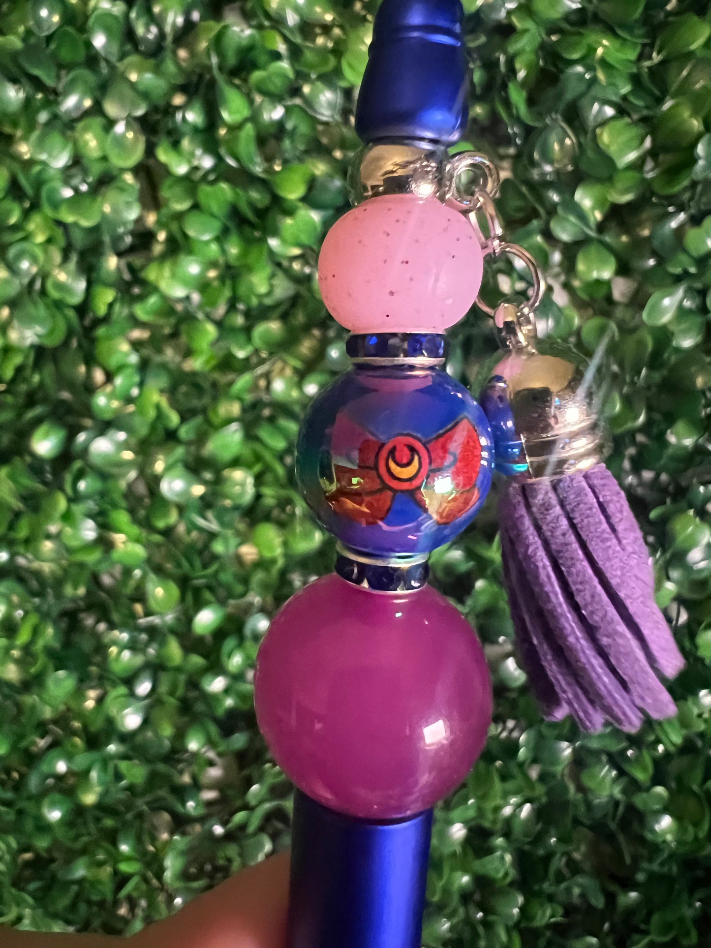 Refillable Sailor Moon Royal Blue Beaded Pen with Bow Focal Bead and Purple Tassel (GITD)