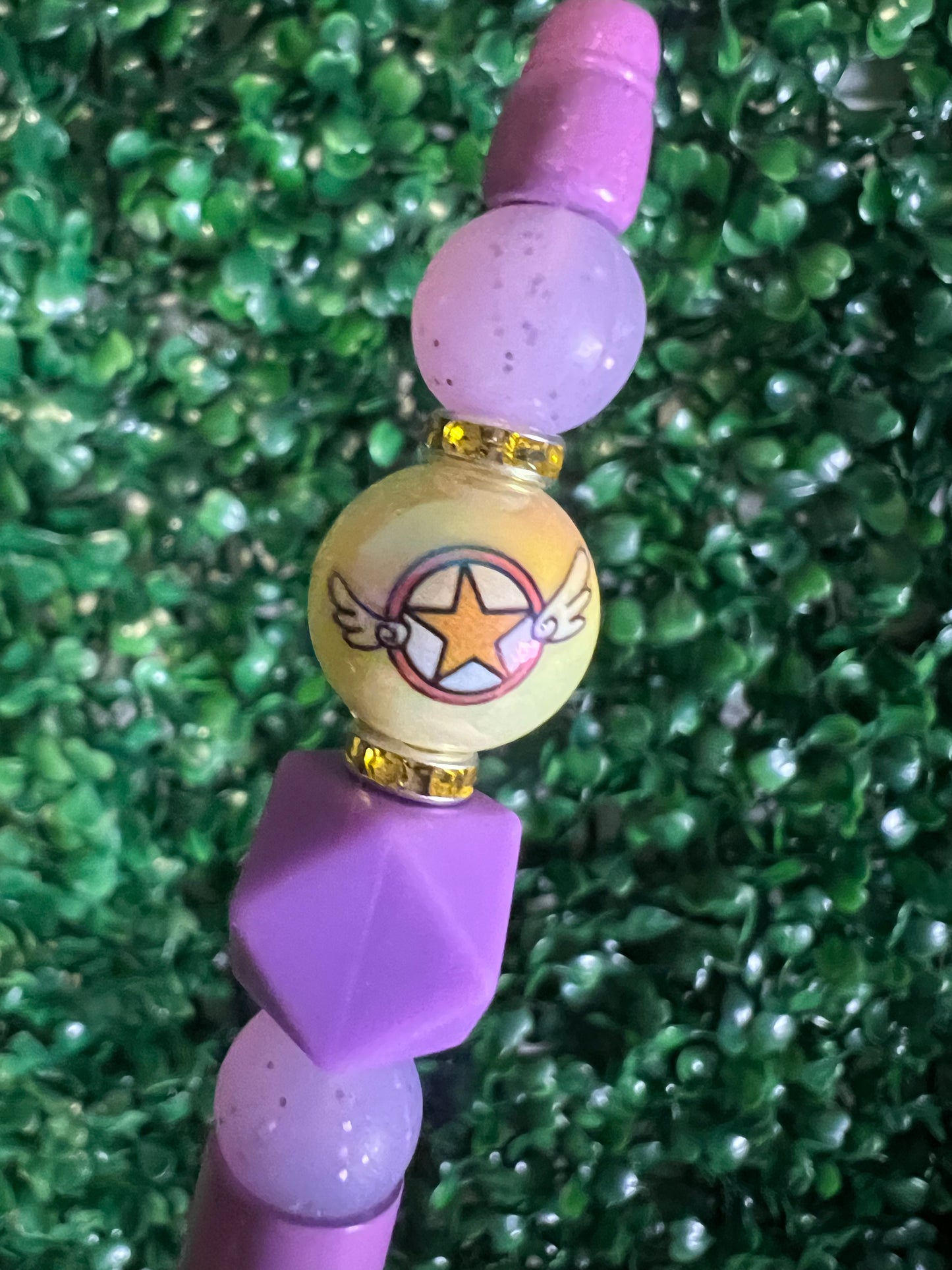 Refillable Sailor Moon Purple Beaded Pen with Yellow Star Broach