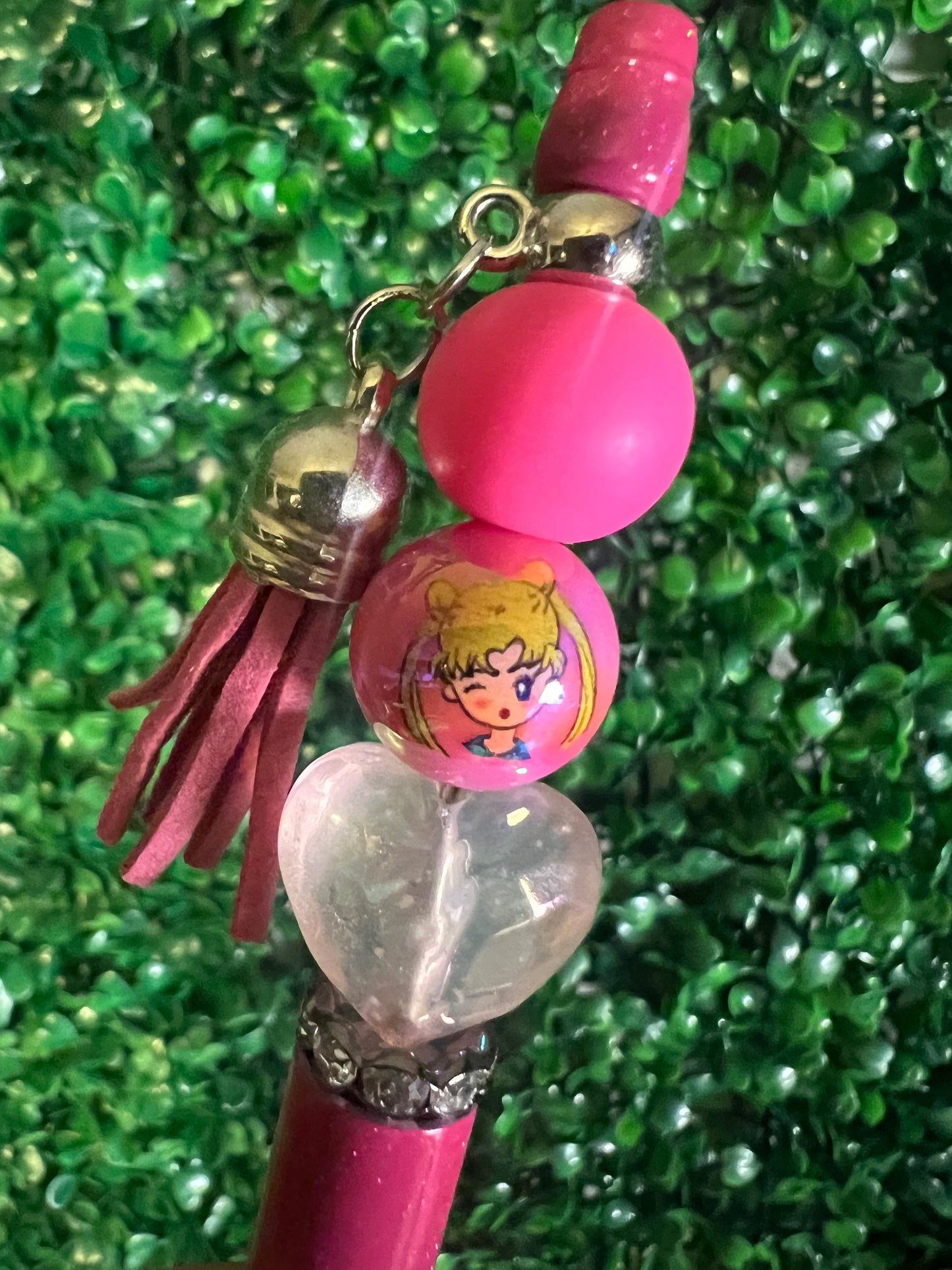 Refillable Sailor Moon Pink Beaded Pen with Usagi Focal Bead and Pink Tassel