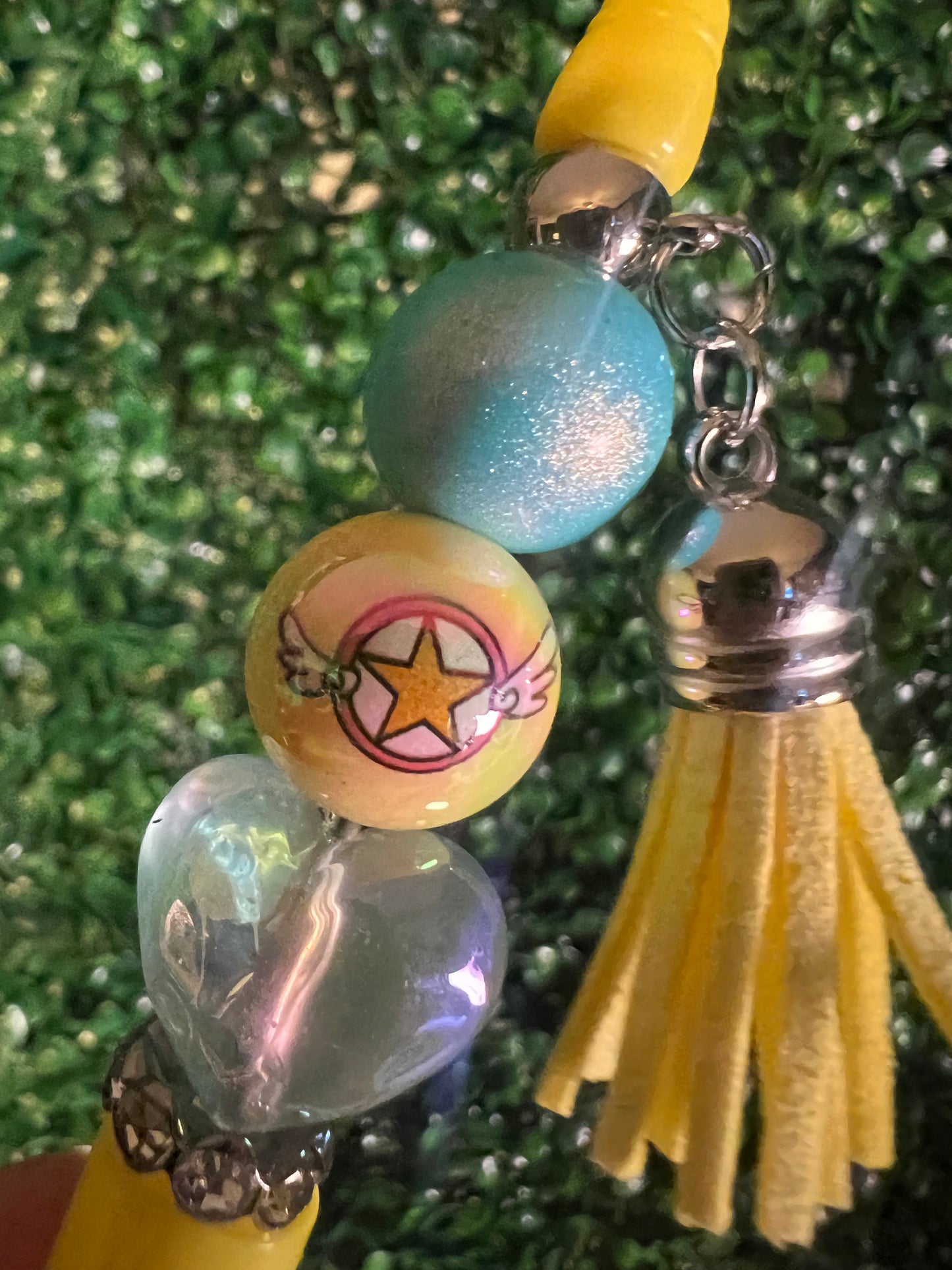 Refillable Sailor Moon Yellow Beaded Pen with Yellow Star Focal Bead and Green Tassel