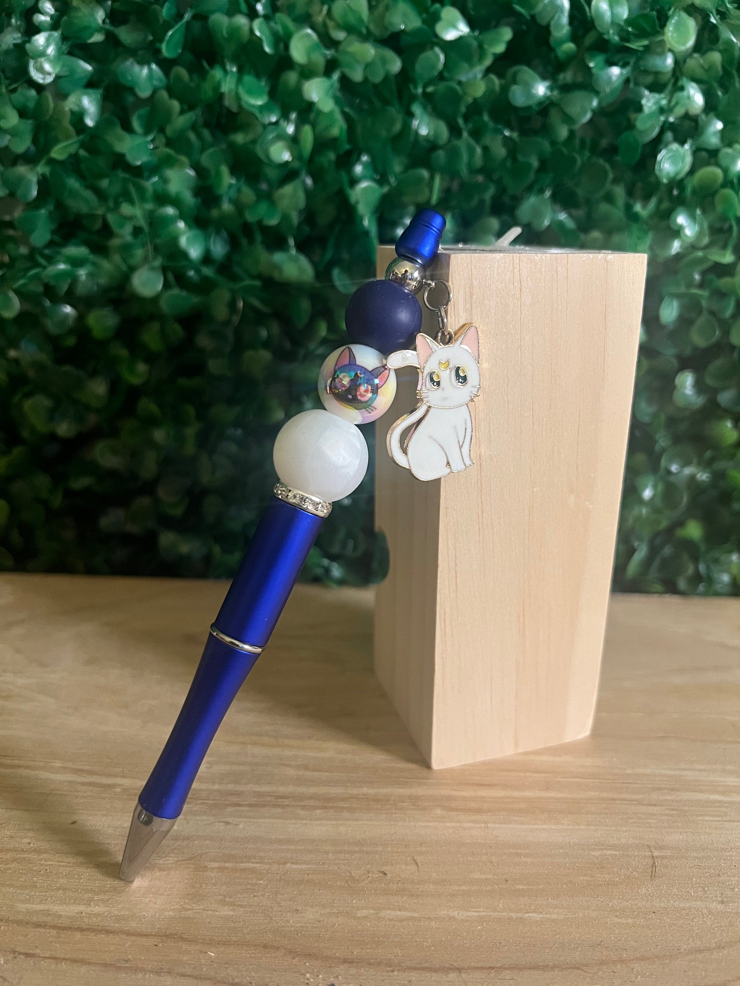 Refillable Sailor Moon Royal Blue Beaded Pen with Luna Focal Bead and Artemis Charm